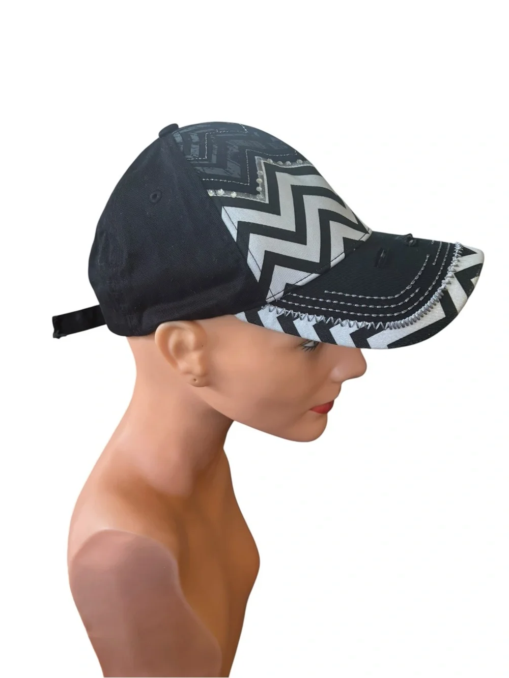 W By Kbethos Chevron Baseball Cap Black White Rhinestones Distressed OS Canvas